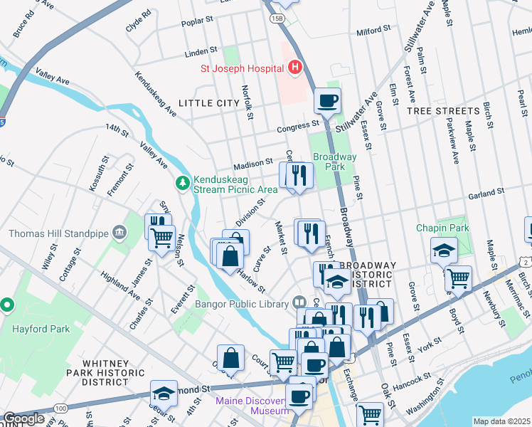 map of restaurants, bars, coffee shops, grocery stores, and more near 52 Market Street in Bangor