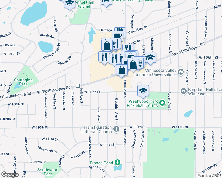 map of restaurants, bars, coffee shops, grocery stores, and more near 4019 West 108th Street in Minneapolis