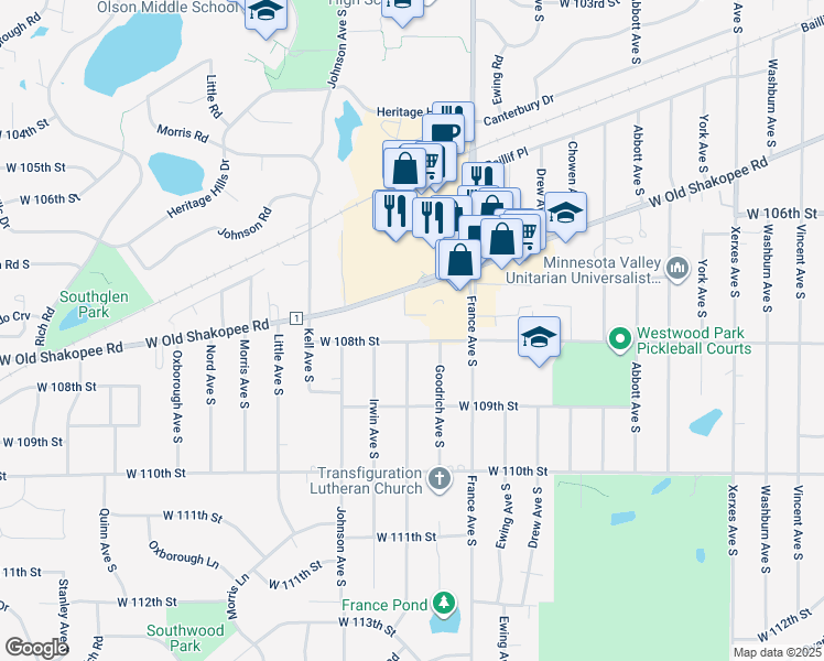 map of restaurants, bars, coffee shops, grocery stores, and more near 4050 West 108th Street in Bloomington