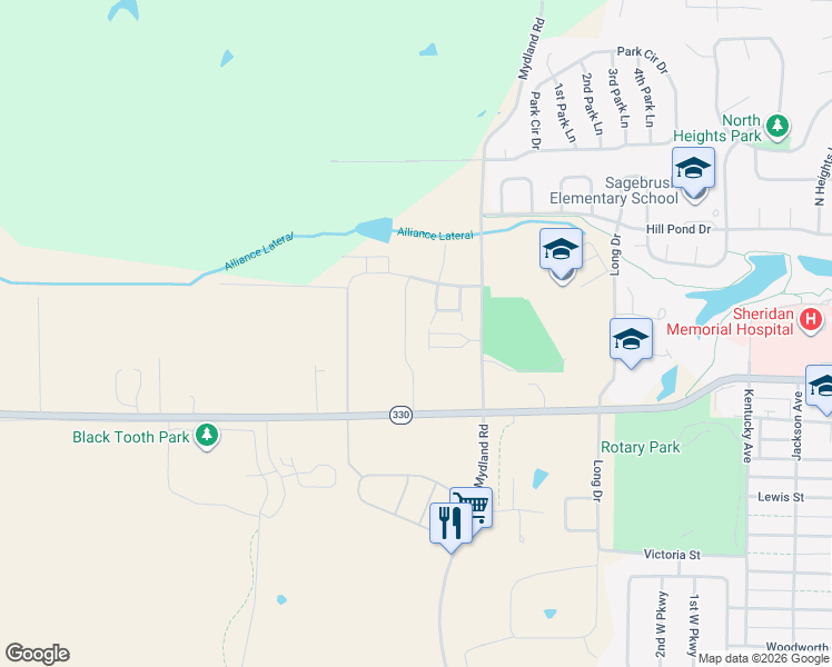 map of restaurants, bars, coffee shops, grocery stores, and more near 1120 Mydland Road in Sheridan