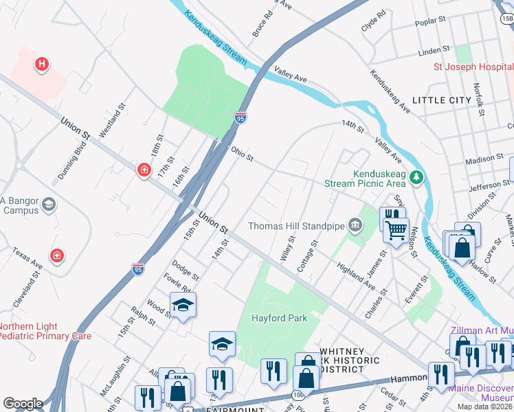 map of restaurants, bars, coffee shops, grocery stores, and more near 35 Katahdin Street in Bangor