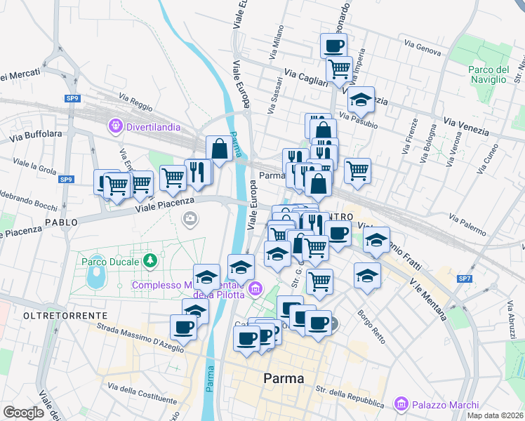 map of restaurants, bars, coffee shops, grocery stores, and more near 9 Via Antonio Cecchi in Parma