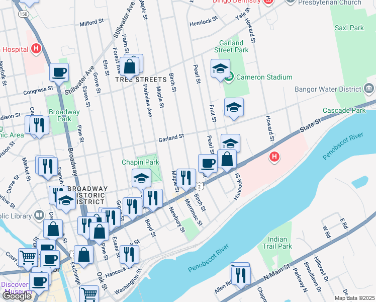map of restaurants, bars, coffee shops, grocery stores, and more near 127 Birch Street in Bangor