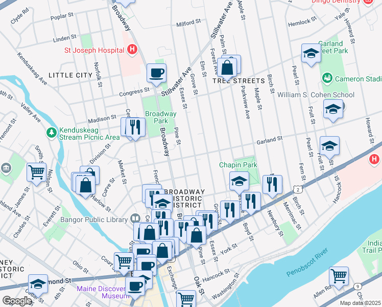 map of restaurants, bars, coffee shops, grocery stores, and more near 218 Essex Street in Bangor