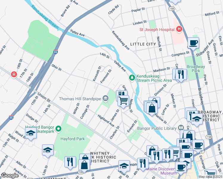 map of restaurants, bars, coffee shops, grocery stores, and more near 14 Winter Street in Bangor