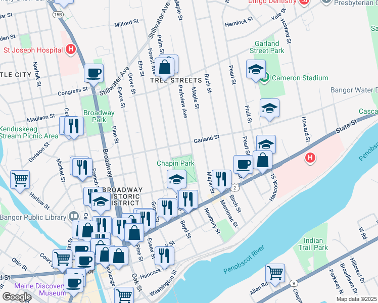 map of restaurants, bars, coffee shops, grocery stores, and more near 172 Garland Street in Bangor