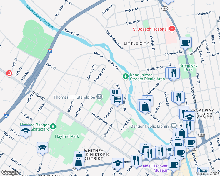 map of restaurants, bars, coffee shops, grocery stores, and more near 32 Autumn Street in Bangor