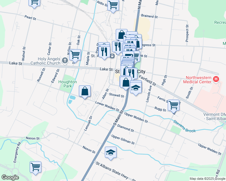 map of restaurants, bars, coffee shops, grocery stores, and more near 25 Stebbins Street in Saint Albans City