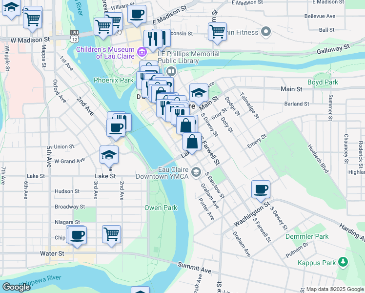 map of restaurants, bars, coffee shops, grocery stores, and more near 500 South Barstow Street in Eau Claire
