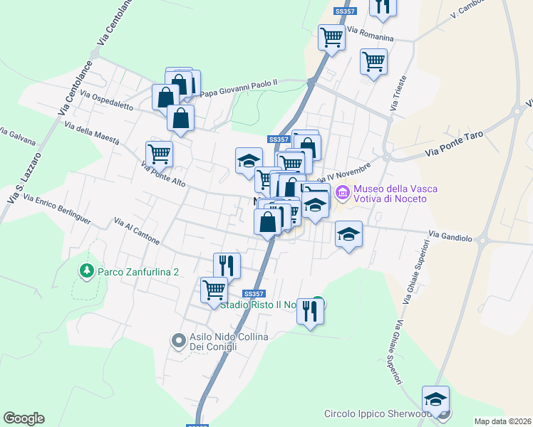 map of restaurants, bars, coffee shops, grocery stores, and more near 12 Via Giacomo Matteotti in Noceto