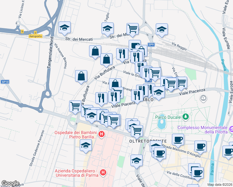 map of restaurants, bars, coffee shops, grocery stores, and more near 6 Via Bruno Bucci in Parma
