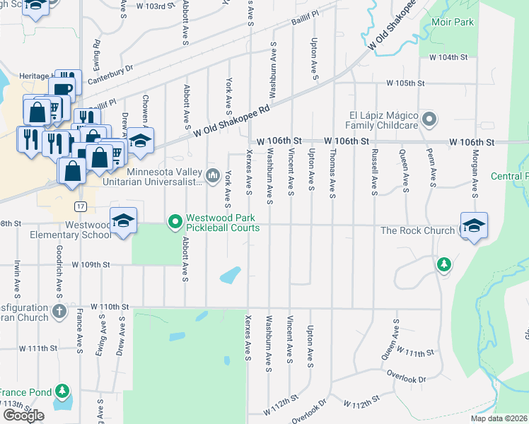 map of restaurants, bars, coffee shops, grocery stores, and more near 10729 Washburn Avenue South in Minneapolis