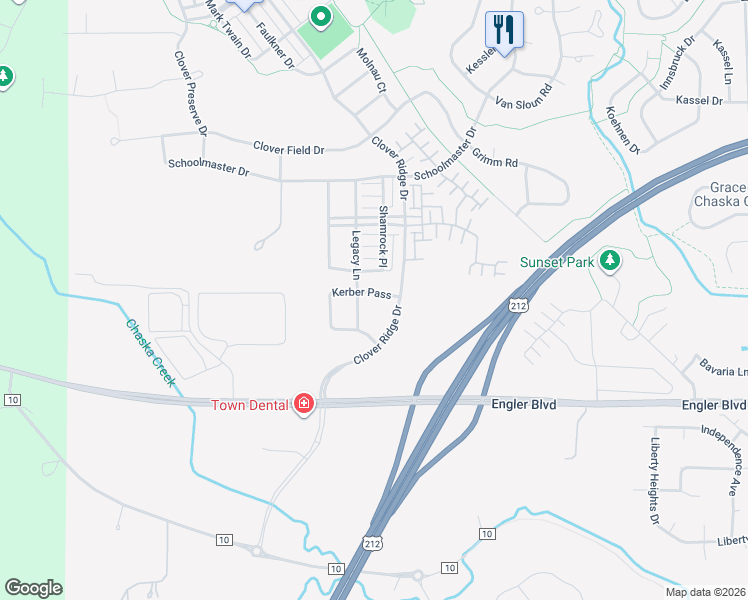 map of restaurants, bars, coffee shops, grocery stores, and more near 1020 Kerber Pass in Chaska