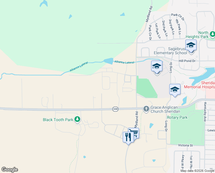 map of restaurants, bars, coffee shops, grocery stores, and more near 2064 Bungalow Village Lane in Sheridan