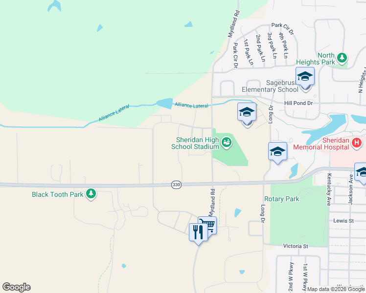 map of restaurants, bars, coffee shops, grocery stores, and more near 2064 Bungalow Village Lane in Sheridan