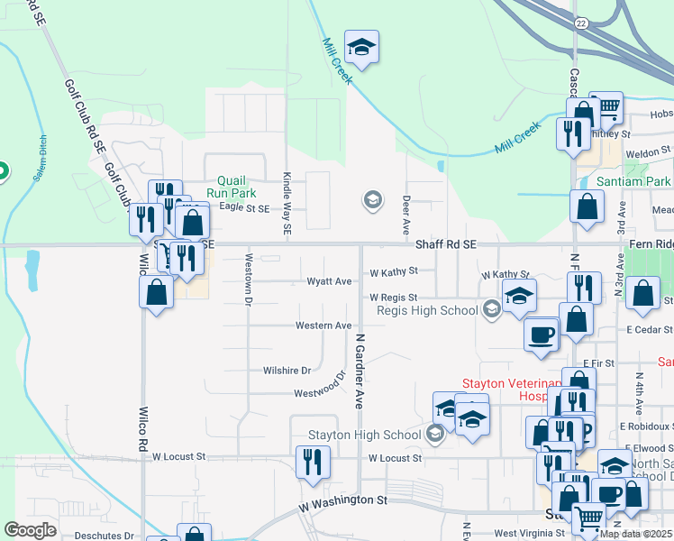 map of restaurants, bars, coffee shops, grocery stores, and more near 1165-1195 Wyatt Avenue in Stayton