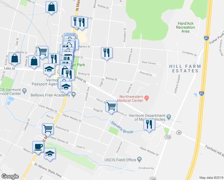 map of restaurants, bars, coffee shops, grocery stores, and more near 8 Brown Avenue in Saint Albans City