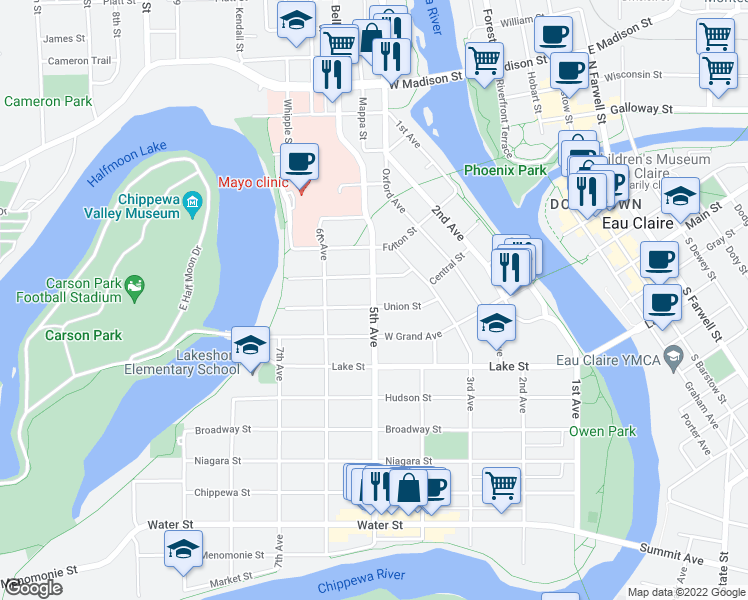 map of restaurants, bars, coffee shops, grocery stores, and more near 919 5th Avenue in Eau Claire