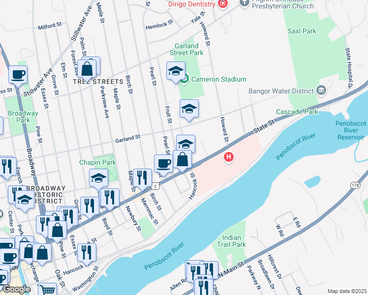map of restaurants, bars, coffee shops, grocery stores, and more near 52 Otis Street in Bangor