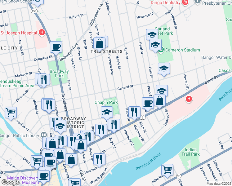 map of restaurants, bars, coffee shops, grocery stores, and more near 172 Garland Street in Bangor
