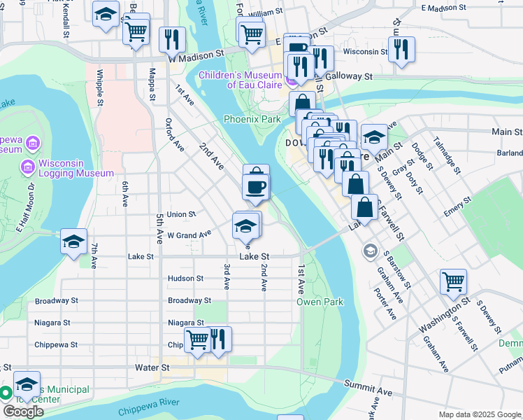 map of restaurants, bars, coffee shops, grocery stores, and more near 102w West Grand Avenue in Eau Claire