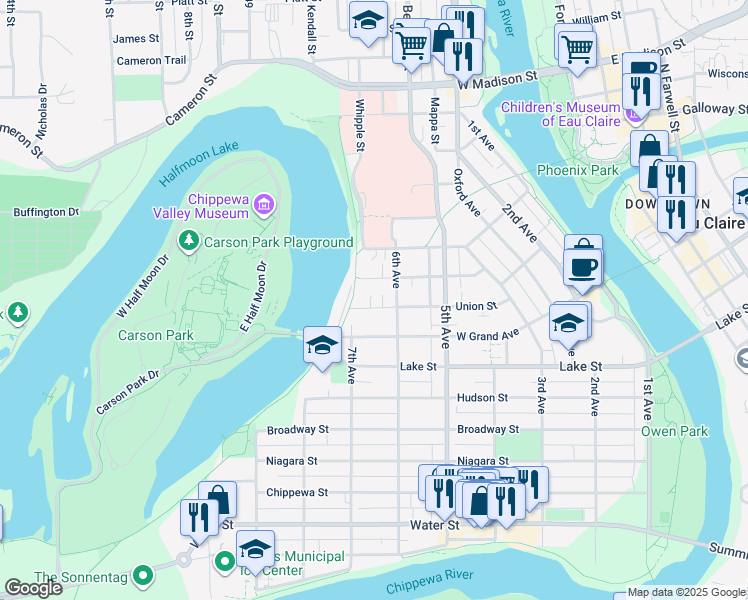 map of restaurants, bars, coffee shops, grocery stores, and more near 627 Congress Street in Eau Claire