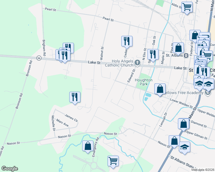 map of restaurants, bars, coffee shops, grocery stores, and more near 20 Murray Drive in Saint Albans City