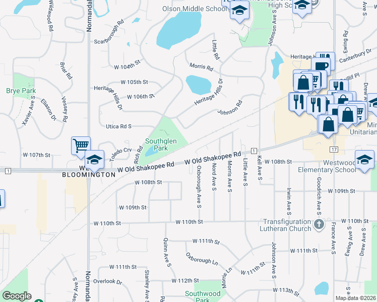map of restaurants, bars, coffee shops, grocery stores, and more near 4810 Nord Drive in Bloomington