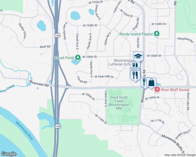 map of restaurants, bars, coffee shops, grocery stores, and more near 8200 West Park Hills Drive in Minneapolis