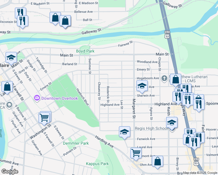 map of restaurants, bars, coffee shops, grocery stores, and more near 1406 Altoona Avenue in Eau Claire