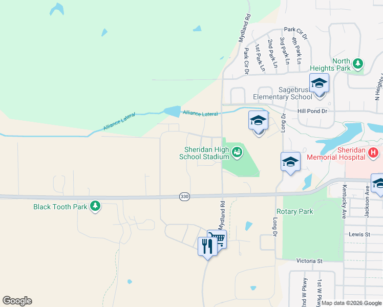 map of restaurants, bars, coffee shops, grocery stores, and more near 2064 Bungalow Village Lane in Sheridan