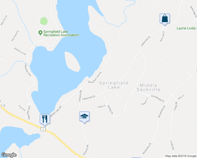 map of restaurants, bars, coffee shops, grocery stores, and more near 245 Springfield Lake Road in Middle Sackville