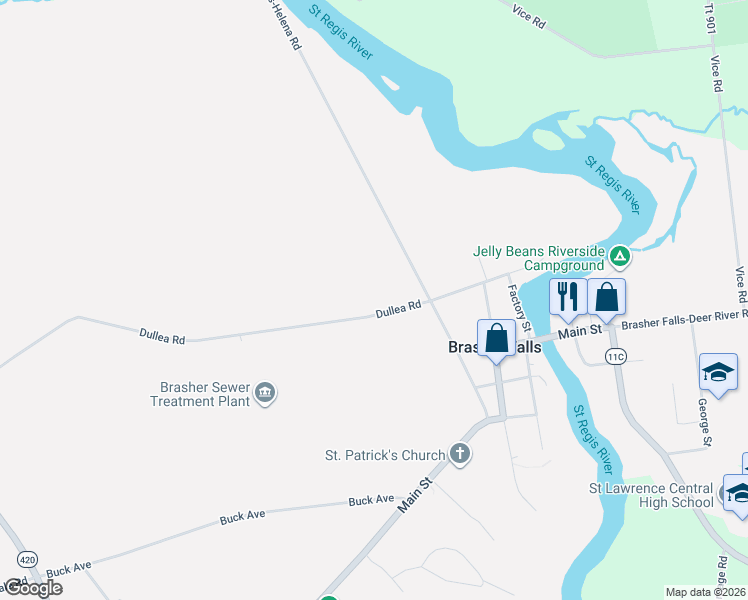 map of restaurants, bars, coffee shops, grocery stores, and more near 217 Dullea Road in Brasher Falls