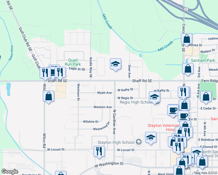 map of restaurants, bars, coffee shops, grocery stores, and more near 1165-1195 Wyatt Avenue in Stayton