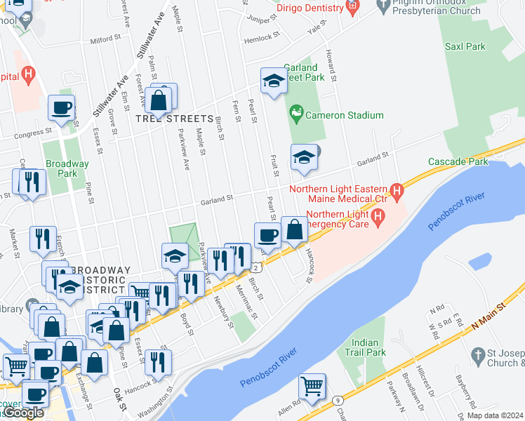 map of restaurants, bars, coffee shops, grocery stores, and more near 80 Fern Street in Bangor