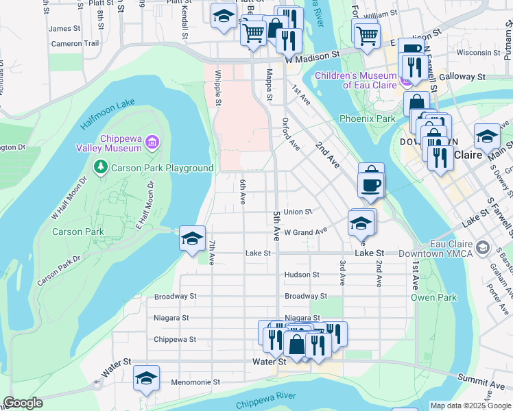 map of restaurants, bars, coffee shops, grocery stores, and more near 517 Congress Street in Eau Claire