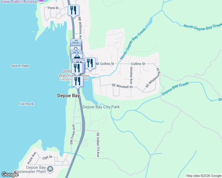 map of restaurants, bars, coffee shops, grocery stores, and more near 215 Anchor Avenue East in Depoe Bay