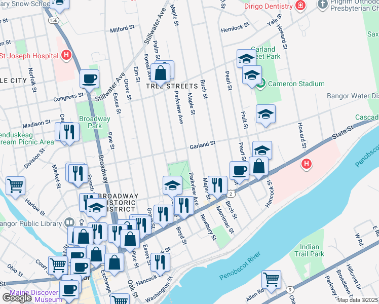 map of restaurants, bars, coffee shops, grocery stores, and more near 97 Parkview Avenue in Bangor