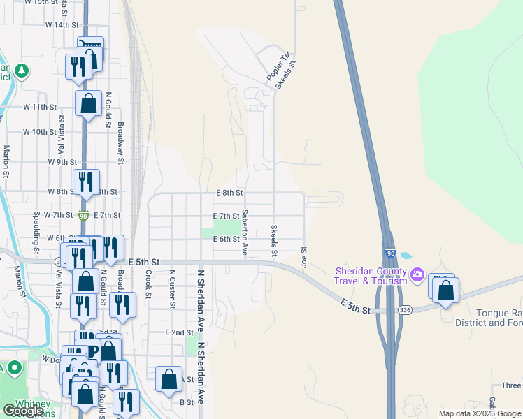 map of restaurants, bars, coffee shops, grocery stores, and more near 774 East 8th Street in Sheridan