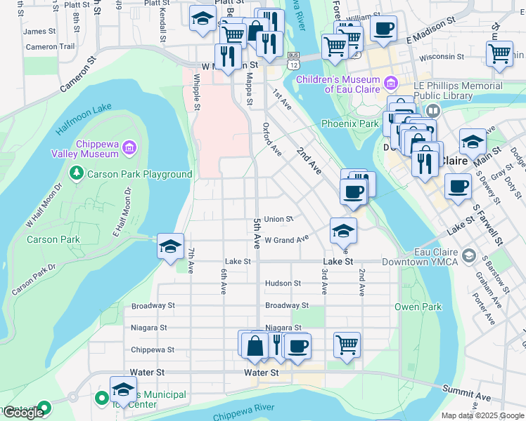 map of restaurants, bars, coffee shops, grocery stores, and more near 909 5th Avenue in Eau Claire