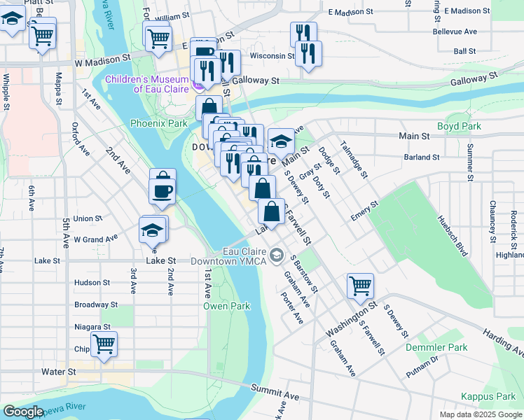 map of restaurants, bars, coffee shops, grocery stores, and more near 505 South Barstow Street in Eau Claire