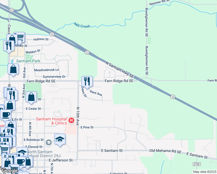 map of restaurants, bars, coffee shops, grocery stores, and more near 1450 Fern Ridge Road Southeast in Stayton