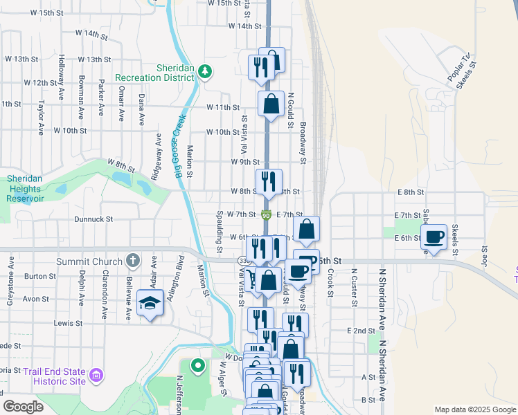 map of restaurants, bars, coffee shops, grocery stores, and more near 1136 N Main St in Sheridan