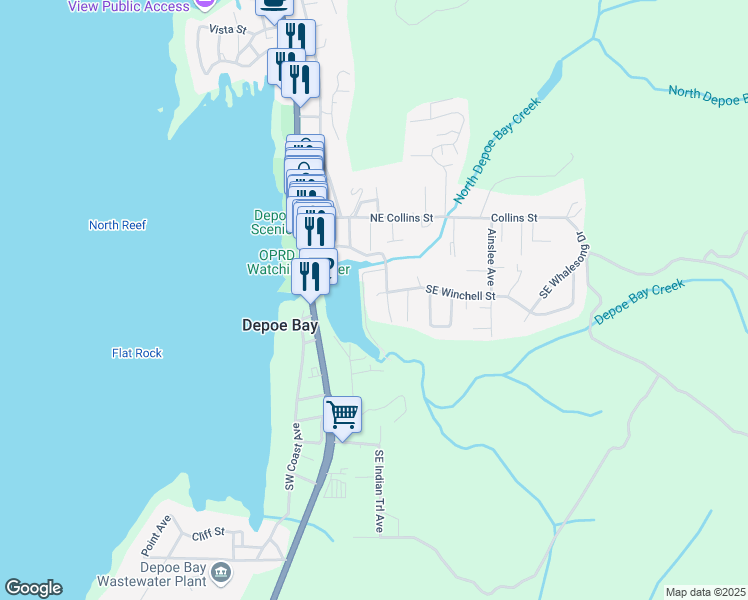 map of restaurants, bars, coffee shops, grocery stores, and more near 185 Southeast Winchell Street in Depoe Bay
