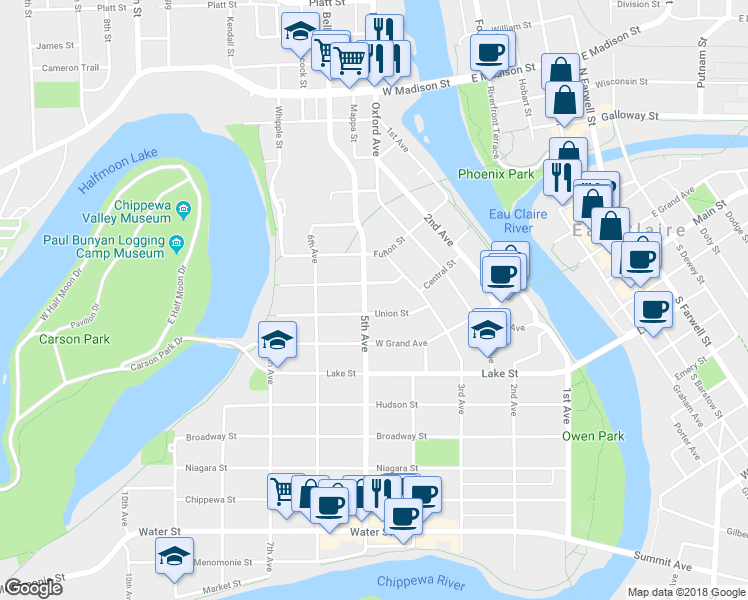 map of restaurants, bars, coffee shops, grocery stores, and more near 415 Congress Street in Eau Claire