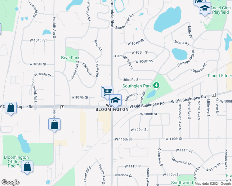 map of restaurants, bars, coffee shops, grocery stores, and more near 5241 Balmoral Lane in Bloomington