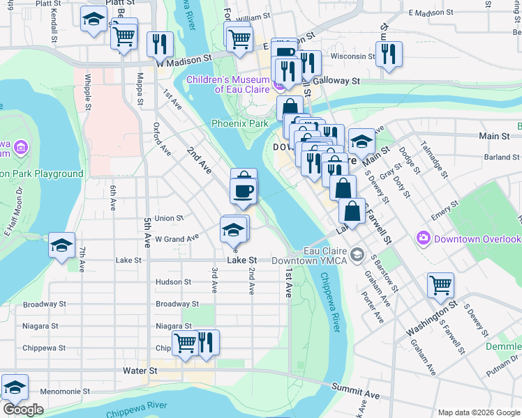map of restaurants, bars, coffee shops, grocery stores, and more near 1st Avenue in Eau Claire