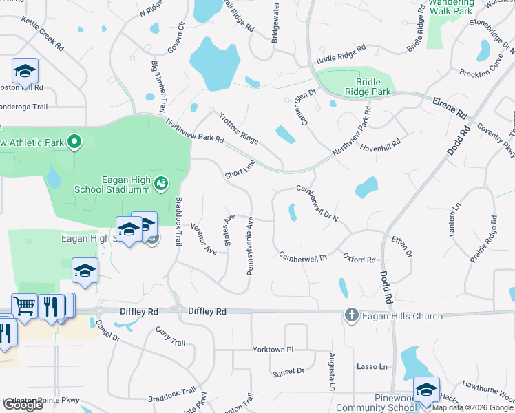 map of restaurants, bars, coffee shops, grocery stores, and more near 4024 Camberwell Drive North in Eagan