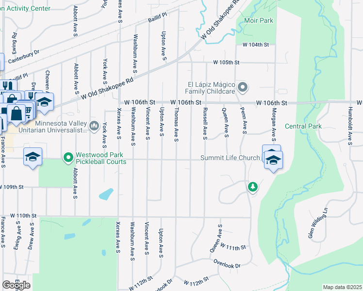 map of restaurants, bars, coffee shops, grocery stores, and more near 10716 Sheridan Avenue South in Minneapolis
