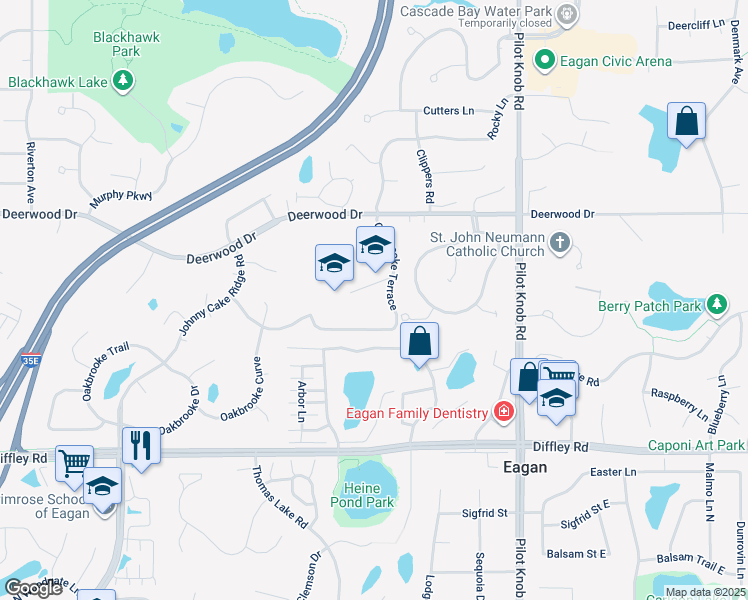 map of restaurants, bars, coffee shops, grocery stores, and more near 1480 Deerwood Drive in Eagan